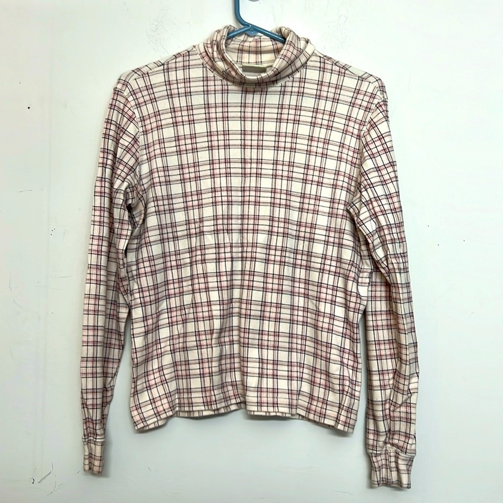 🌞 Classic Elements vintage pink & black plaid long sleeve turtleneck women M
